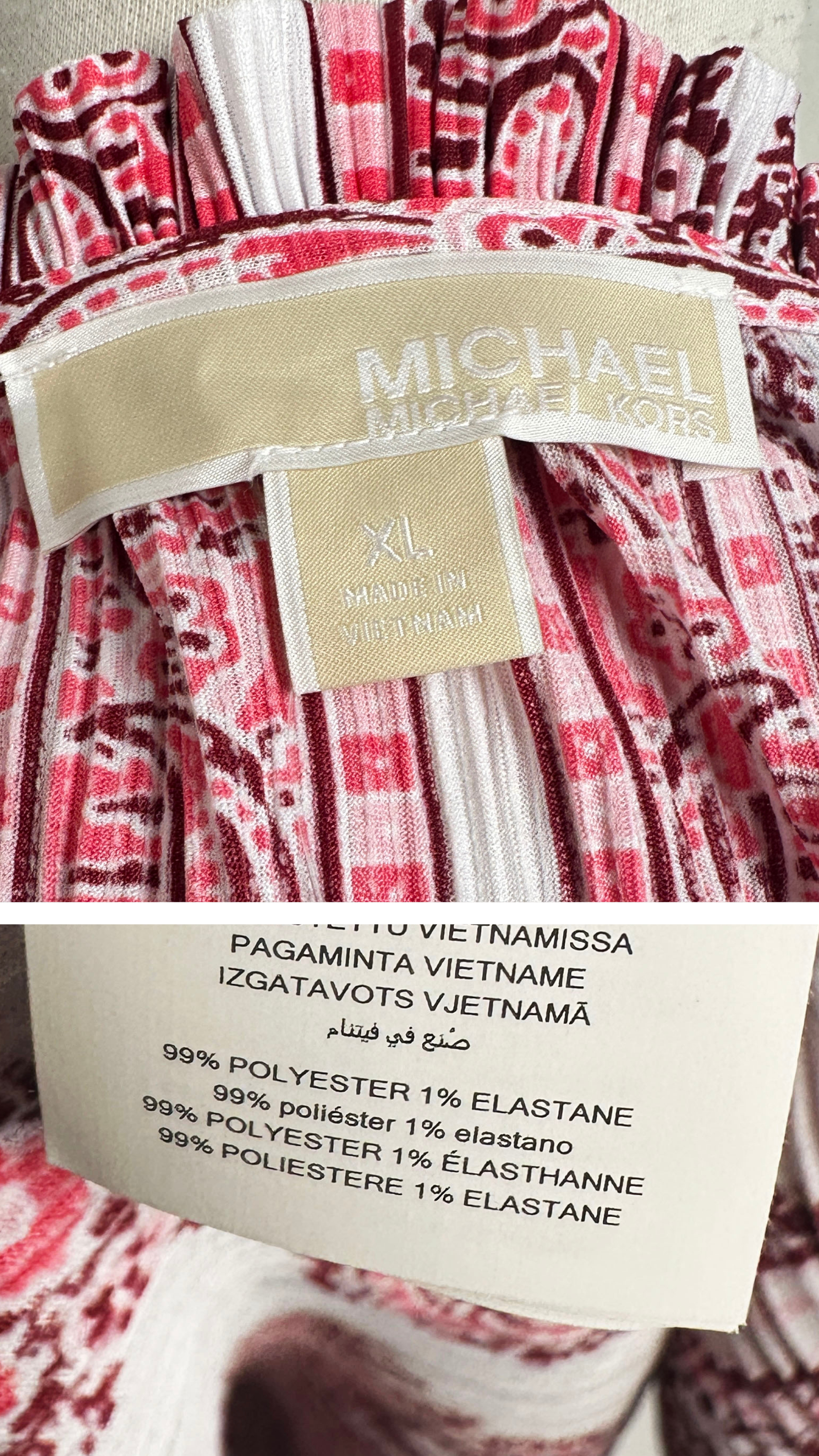 Red and white patterned fabric with a Michael Kors label and fabric composition label.