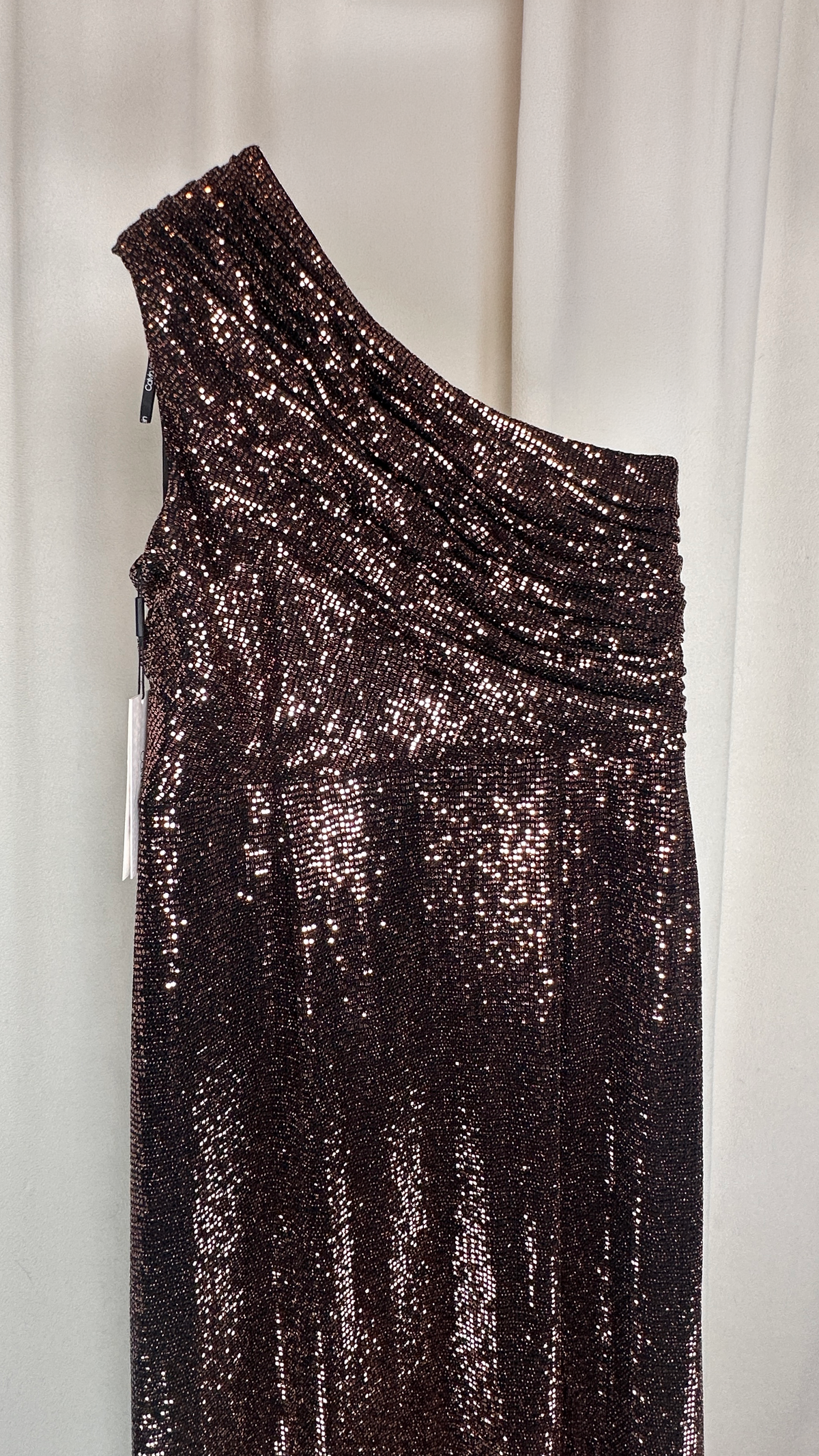 Calvin Clein Modern Metallic Lurex One Shoulder Gown Brown 14W