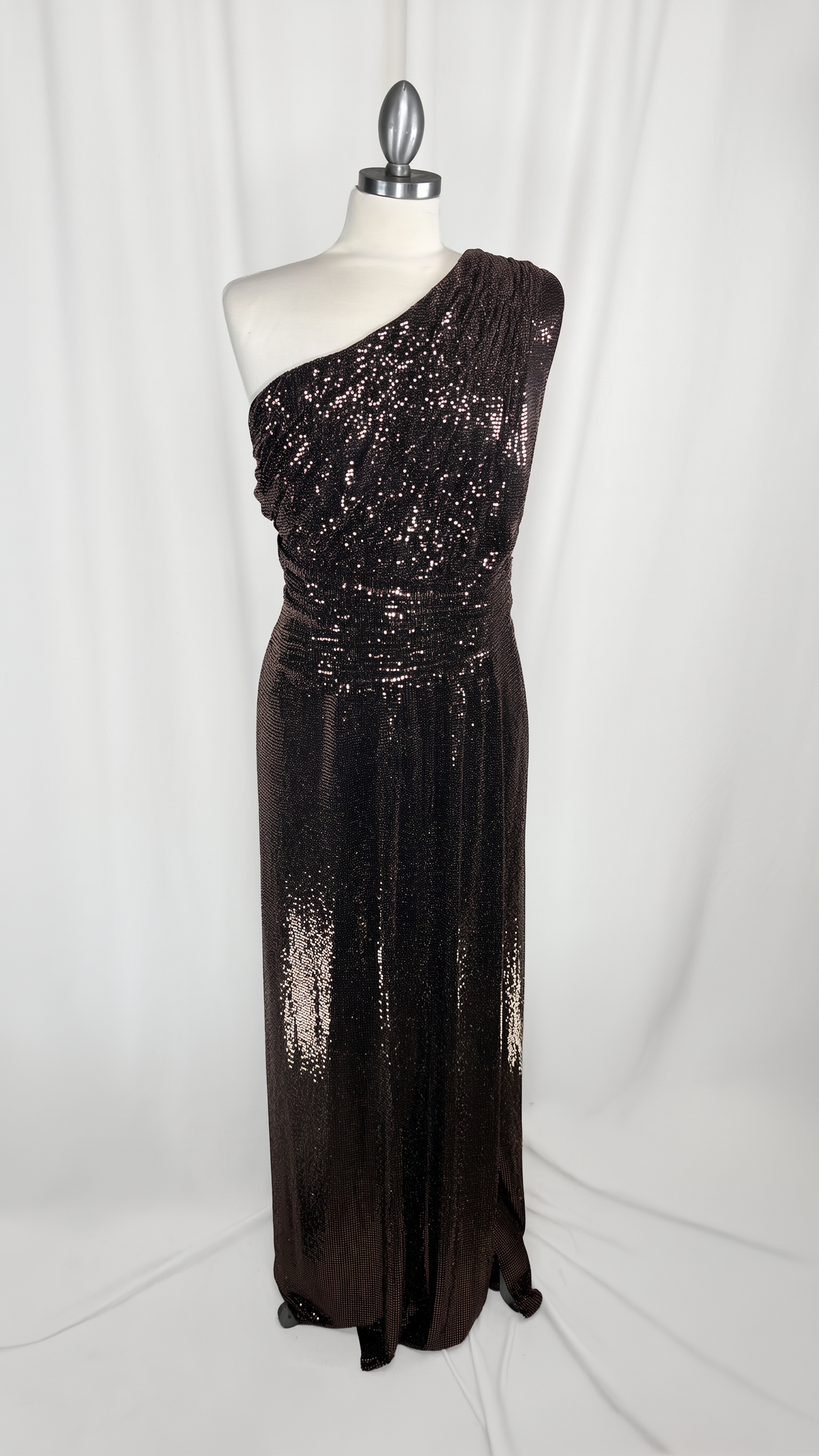 Calvin Clein Modern Metallic Lurex One Shoulder Gown Brown 14W