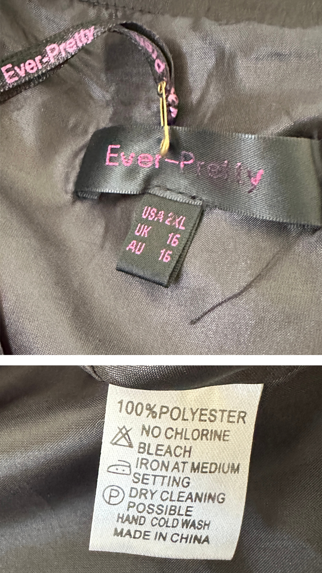 Clothing label with 'Ever-Pretty' branding and fabric care instructions on a gray fabric background.
