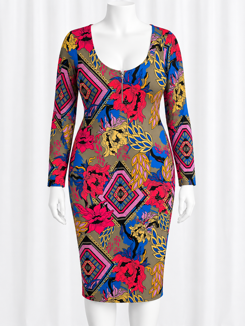 Modern Dress Zip Front Mixed Print Multicolor XL