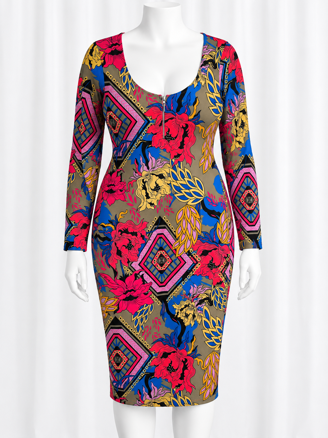 Modern Dress Zip Front Mixed Print Multicolor XL