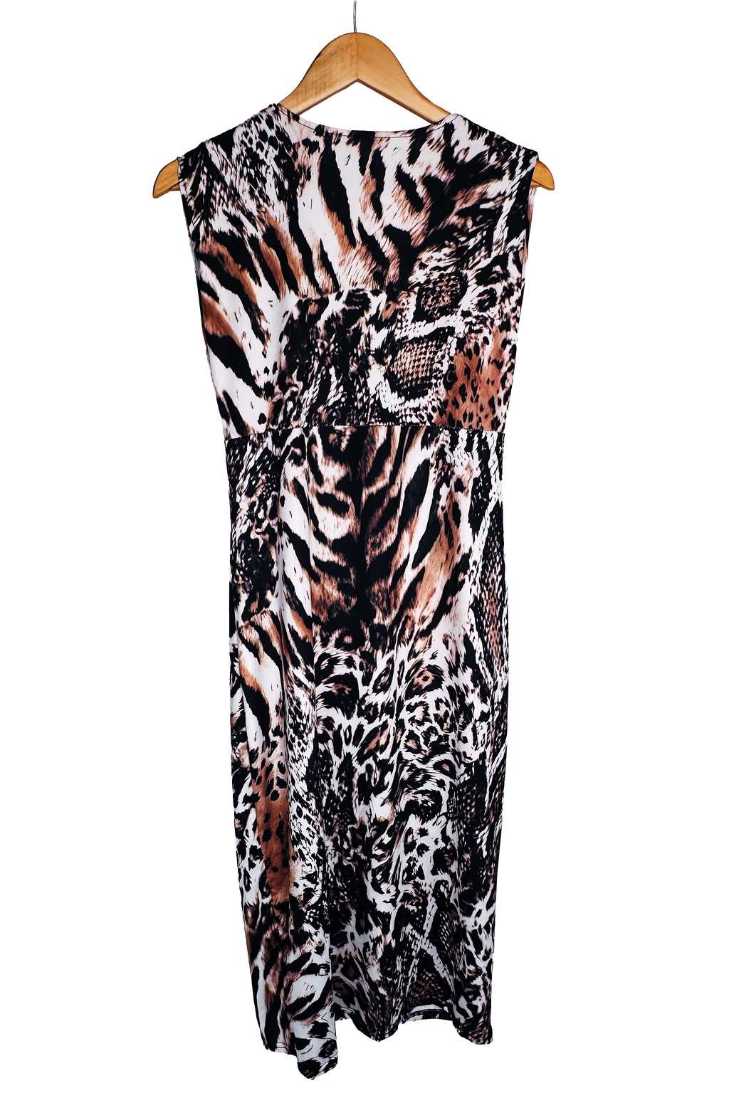 Same dress, back view on a wooden hanger. Plain higher back neckline, sleeveless, with a seam at the waist. Continuous mixed animal print in brown, black, tan, and white.
Label (animal_print_dress3.png):
