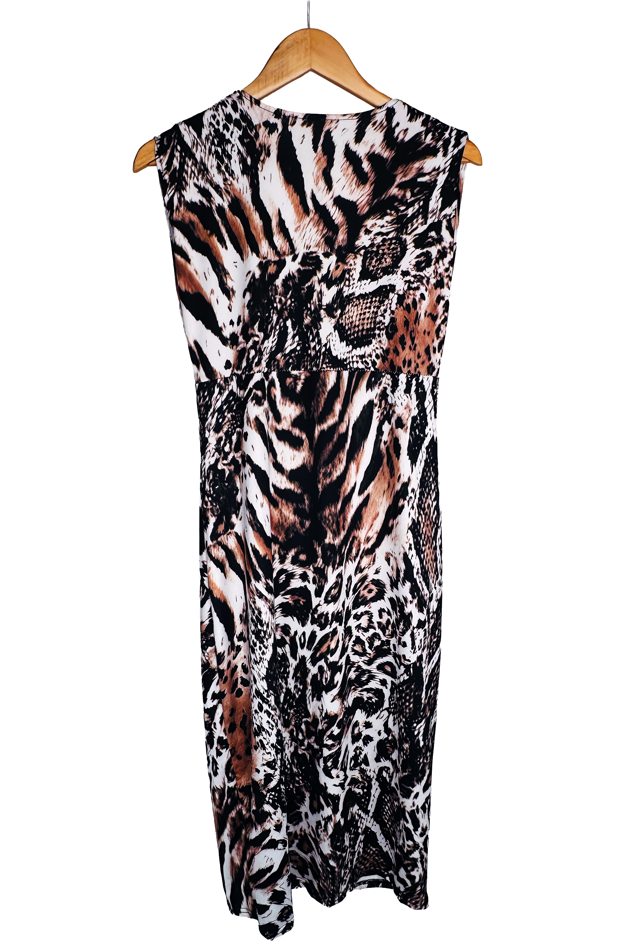 Same dress, back view on a wooden hanger. Plain higher back neckline, sleeveless, with a seam at the waist. Continuous mixed animal print in brown, black, tan, and white.
Label (animal_print_dress3.png):