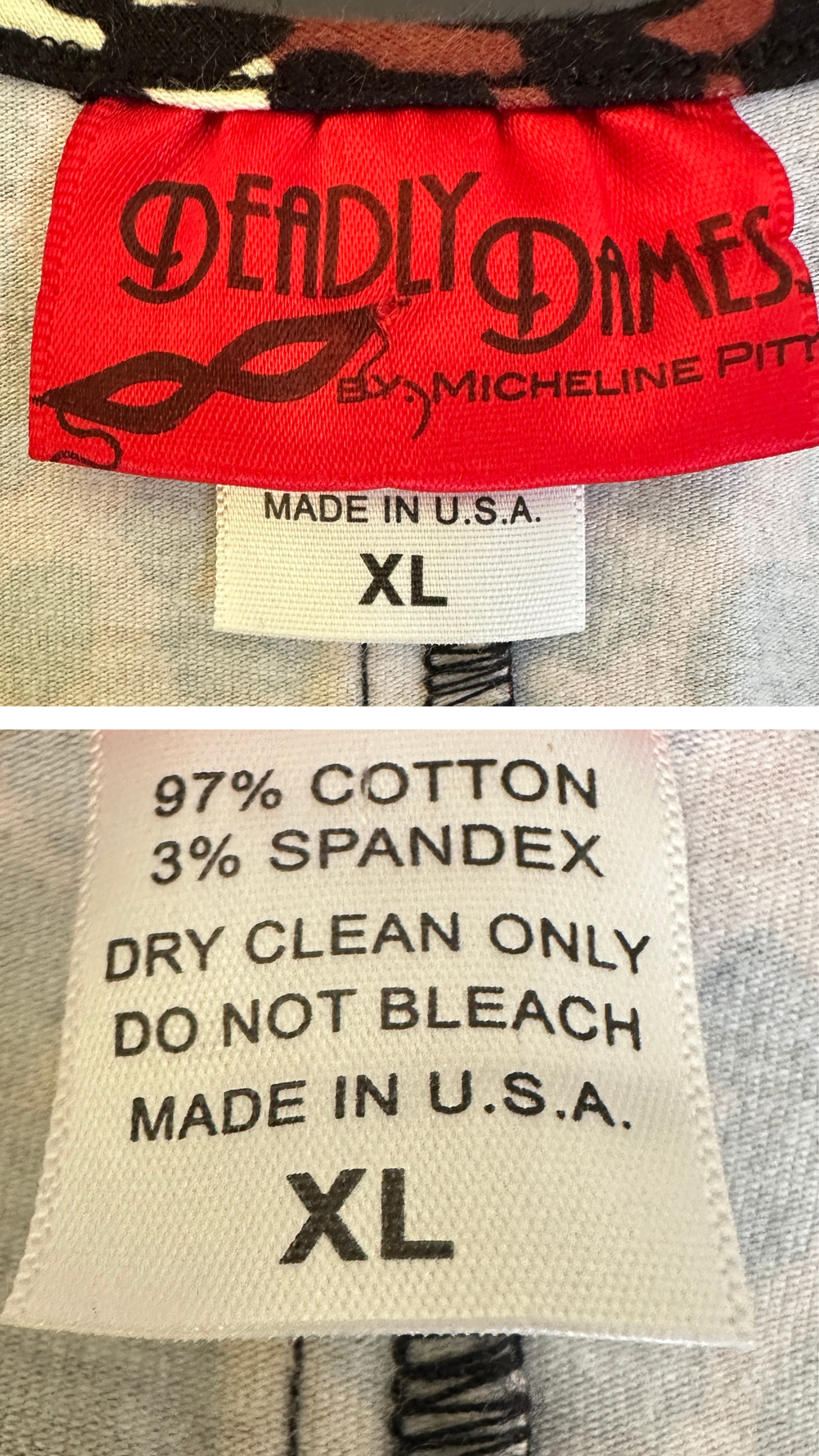 Label with 'Deadly Dames by Micheline Pitt' branding and fabric care instructions.