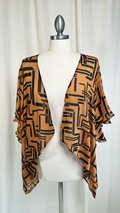 Brown and black patterned kimono-style garment on a mannequin against a white background
