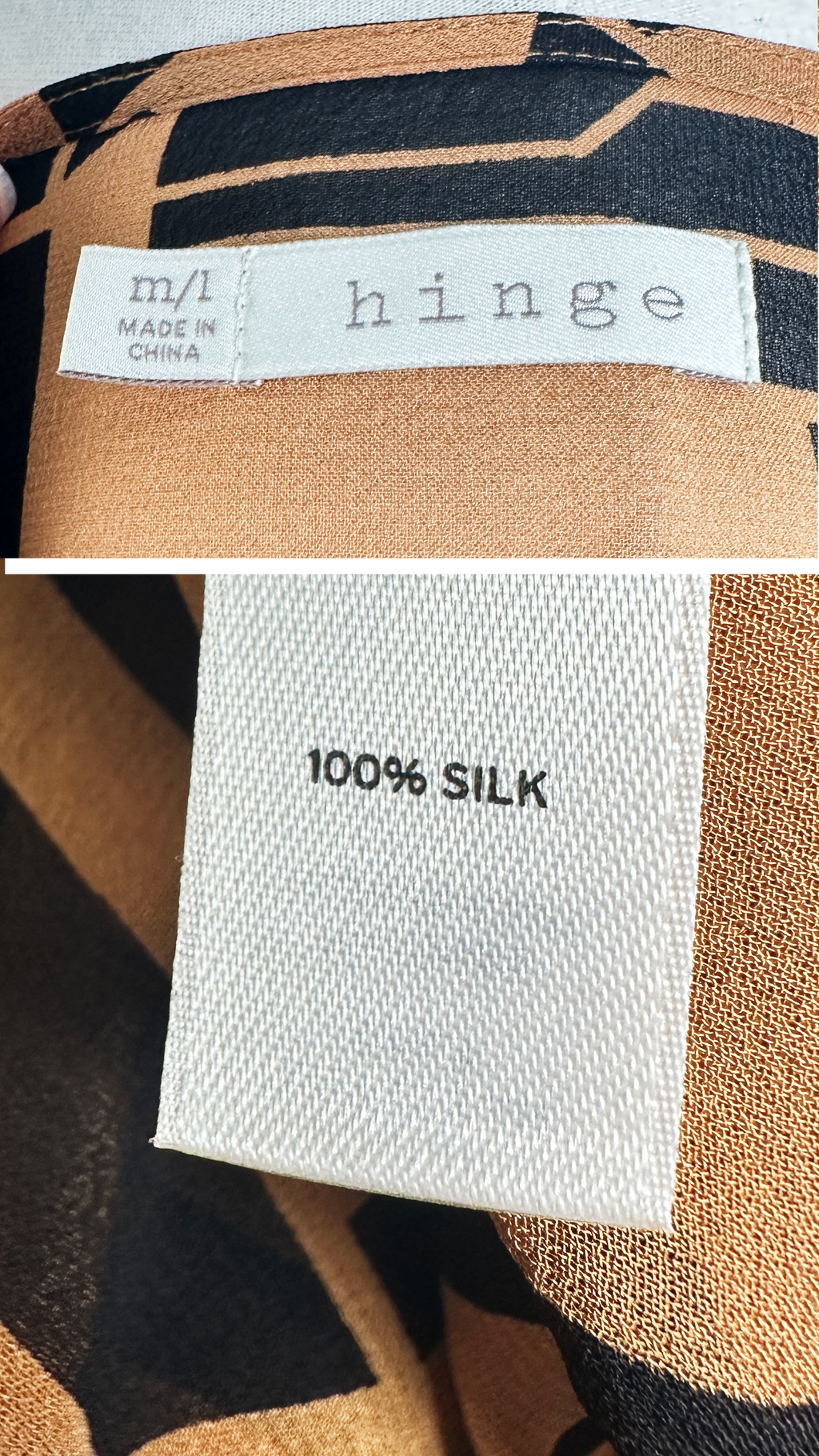 Close-up of a label on a piece of fabric indicating 'hinge' brand and '100% silk'.