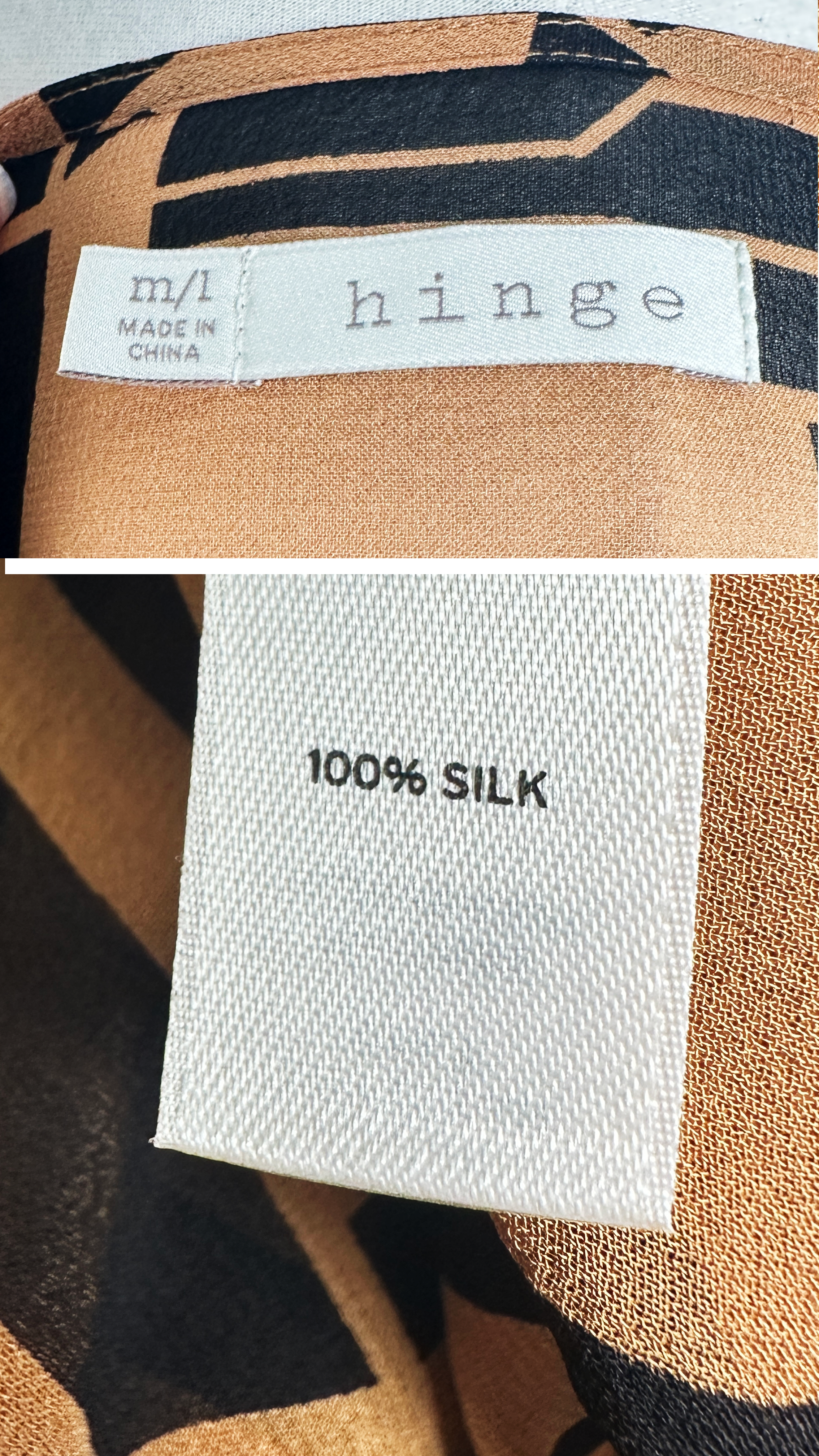 Close-up of a label on a piece of fabric indicating 'hinge' brand and '100% silk'.