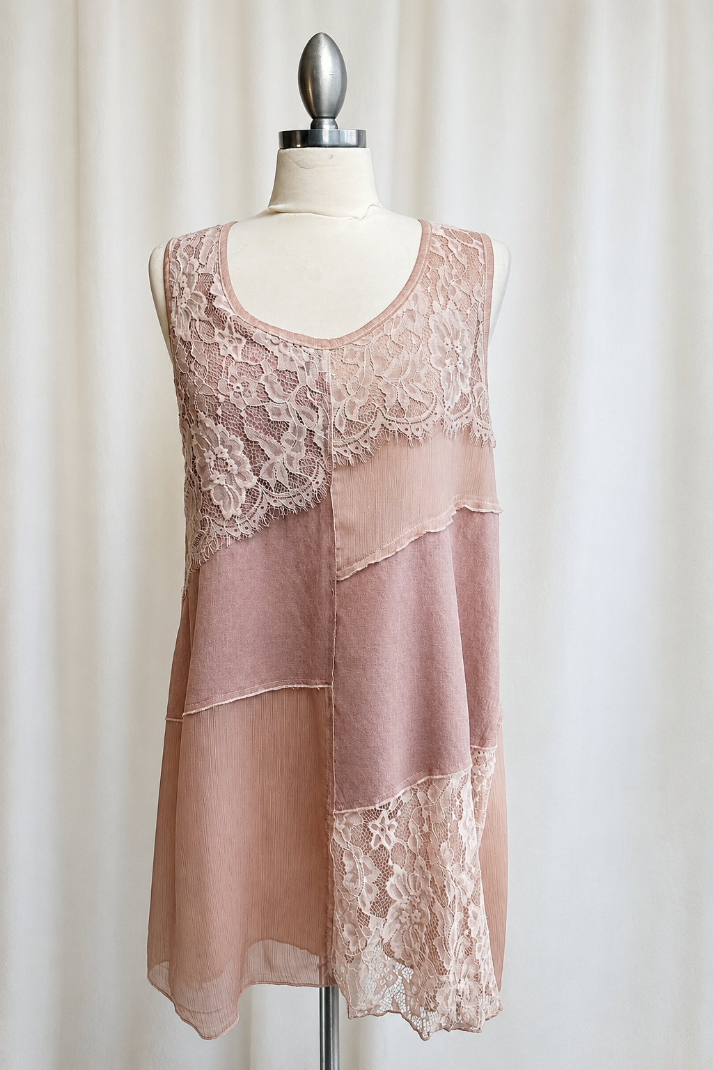Modern Mixed Media Lace Patchwork Tunic Blush Medium