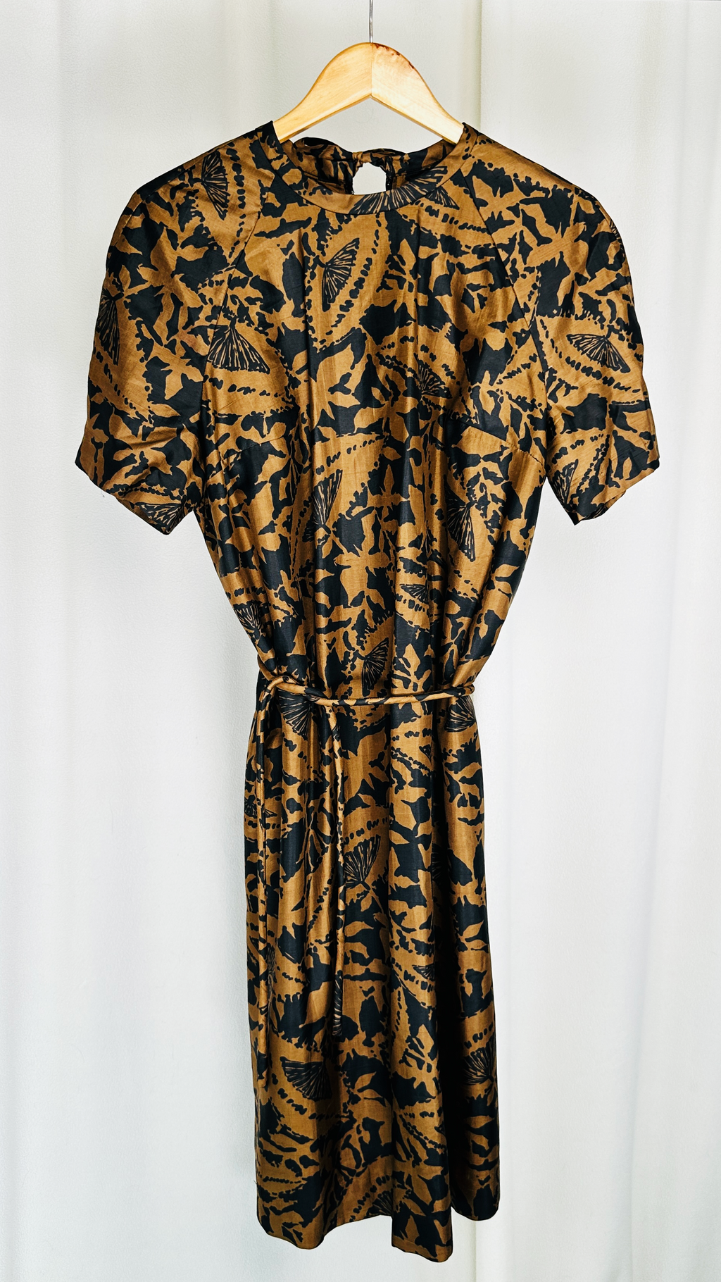 1990s Silk Abstract Print Dress Bronze Black Size 16