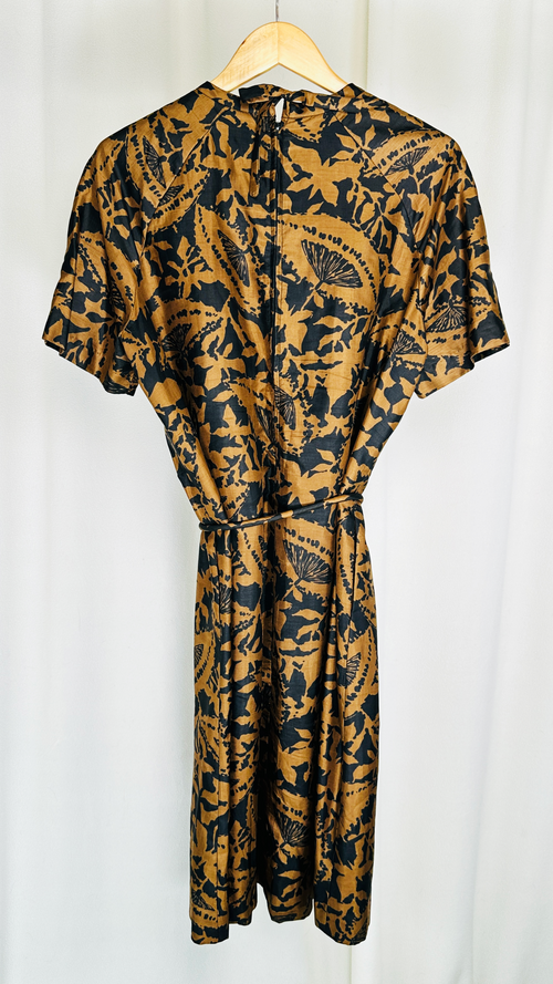 1990s Silk Abstract Print Dress Bronze Black Size 16