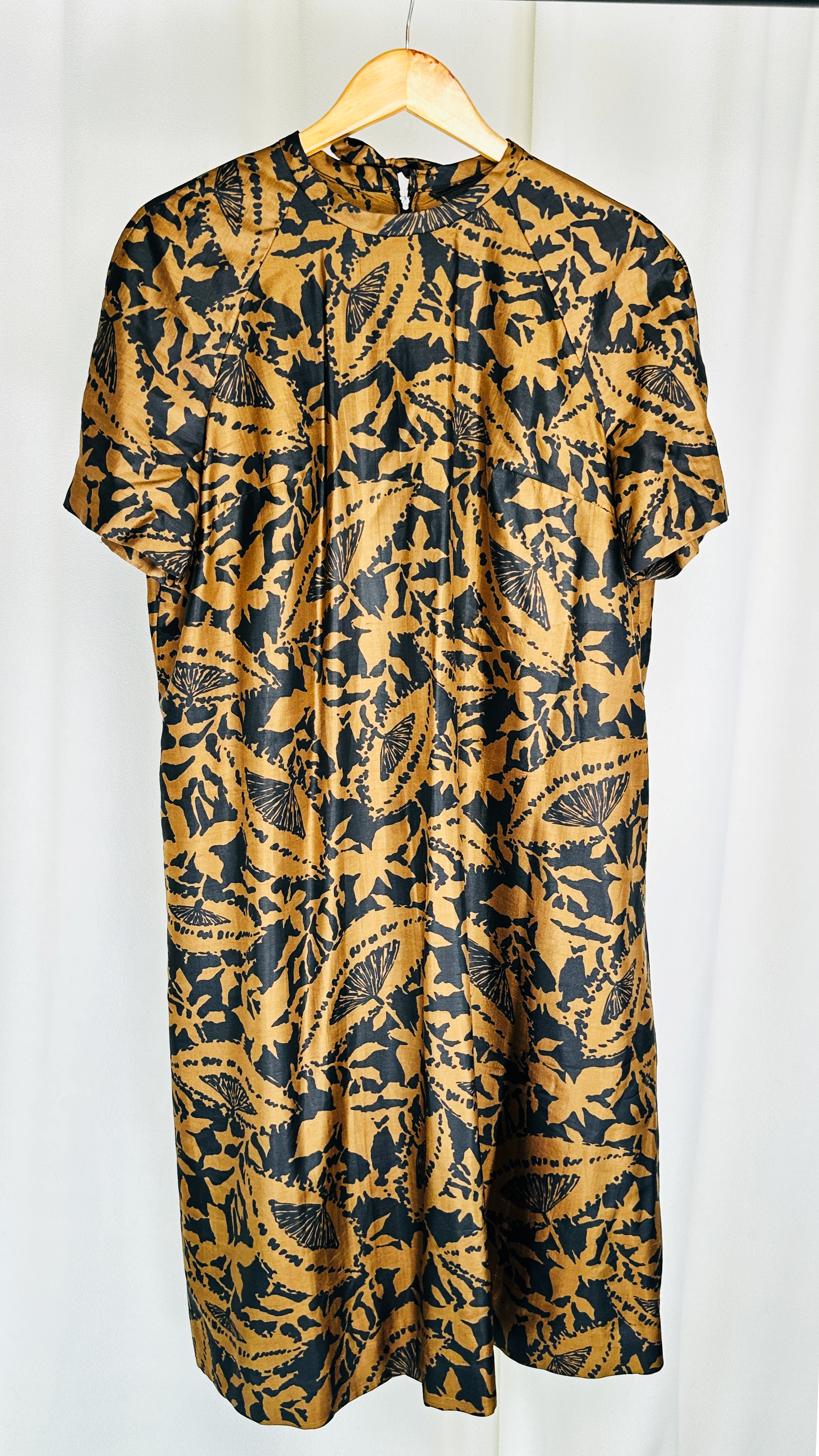 1990s Silk Abstract Print Dress Bronze Black Size 16